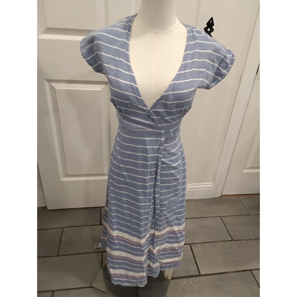Marine Layer Blue White Striped Cotton Wrap Midi Dress XS Short Sleeve Nautical